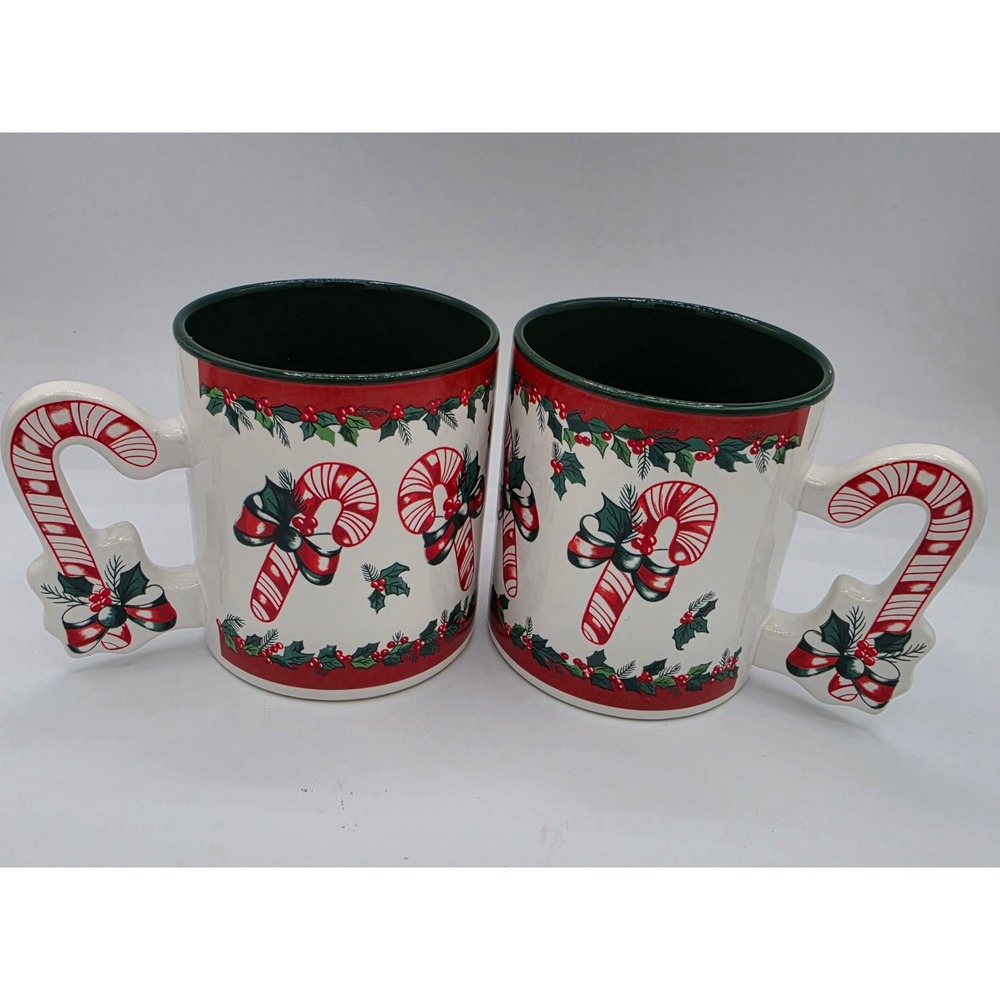Vtg 1993 Susan Burger Candy Cane Handle Christmas Mug Set 2 Flowers Inc 641300